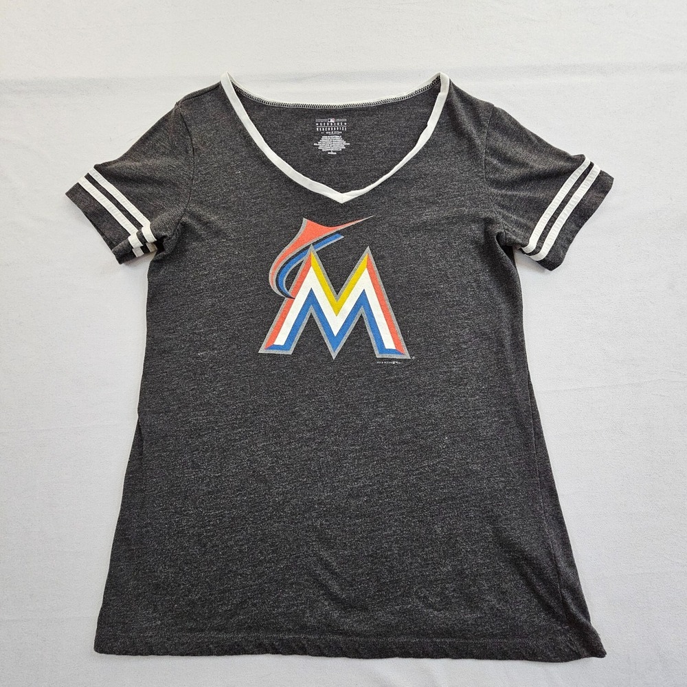 Miami‎ Marlins Retro Logo Gray Short Sleeve Cotton Blend T-Shirt Women's L